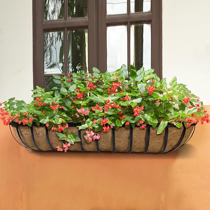 2 Pack 30 Inch Window Deck Railing Planter Boxes with Coconut Liner, Large Hanging Window Flower Boxes Metal Railing Planter for Balcony Fence Porch (2, 30 Inch) BeapTcely