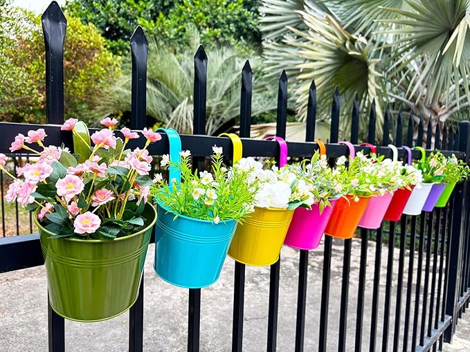 6 Inch Hanging Planters for Outdoor Plants, 10 Pack Metal Railing Planter, Rail Balcony Fence Flower Pot with Detachable Hooks, Colorful Garden Decor JOYFERNAL