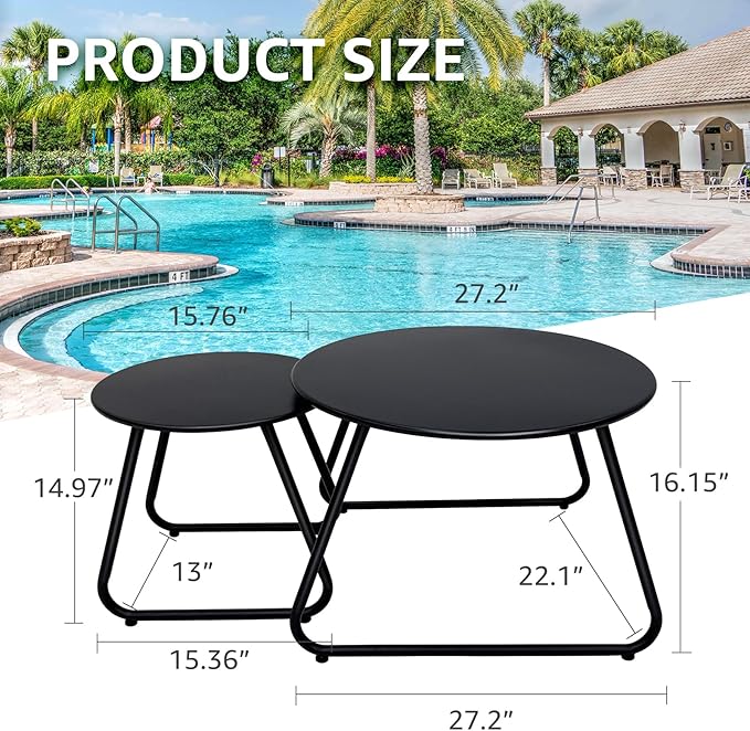 Patio Outdoor Coffee Table Set of 2, Weather Resistant Steel Round End Tables, Outdoor Nesting Table for Patio, Balcony, Bistro and Indoor, Black (Black) Meluvici