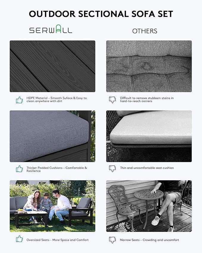 SERWALL Outdoor Sectional Sofa Set, 5-piece Outdoor Modula Couch Set with Ottoman, All Weather Patio Furniture Set with Chaise for Deck, Lawn, Black Frame with Gray Cushion SERWALL