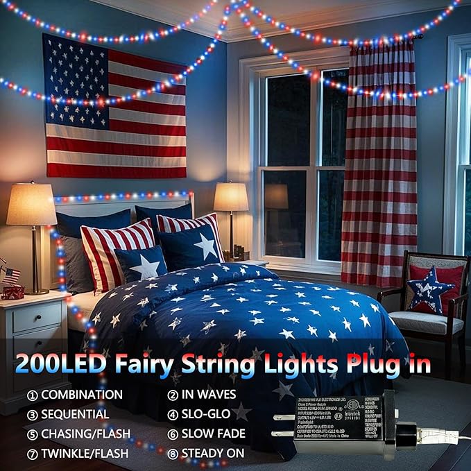 66Ft 200 LED Red White and Blue Fairy Lights Plug in, July 4th Waterproof String Lights 8 Modes with Timer for Indoor and Outdoor, American Flag Twinkle Lights for Independence Day, National Day BHCLIGHT