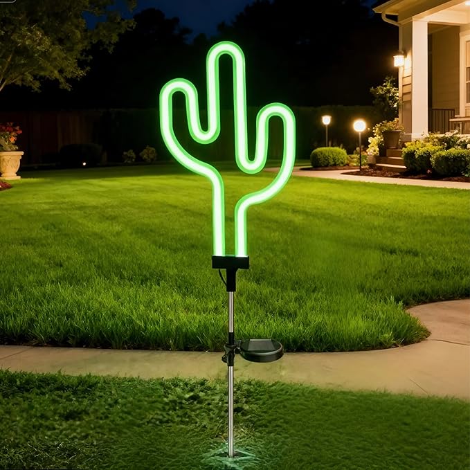 Solar Garden Stake Lights, Waterproof Landscape Light, Solar Landscape Path Lights, Neon Lights, Outdoor Decor for Garden, Yard, Lawn, Pathway, Patio, Backyard (Cactus) RechargeableLEDWorkLights