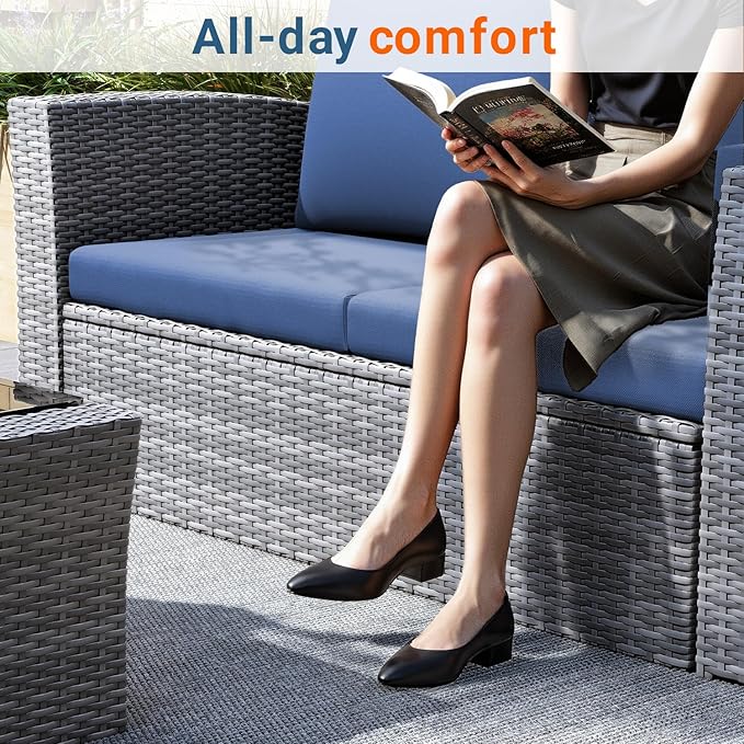 Wisteria Lane 4 Piece Patio Furniture Set, Wicker Outdoor Patio Conversation Furniture Set, All Weather Outdoor Patio Sofa with Cushion and Glass Table, Blue WisteriaLane