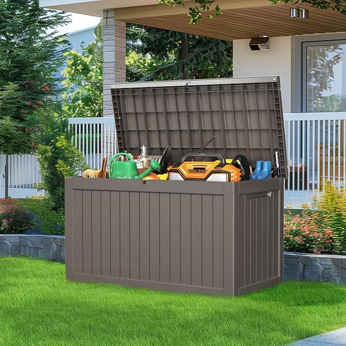280 Gallon Resin Deck Box, Lockable Patio Outdoor Storage Box for Furniture, Garden Tools and Tools Storage, Waterproof Outside Storage Boxes - Grey OutdoorLivingPerfected