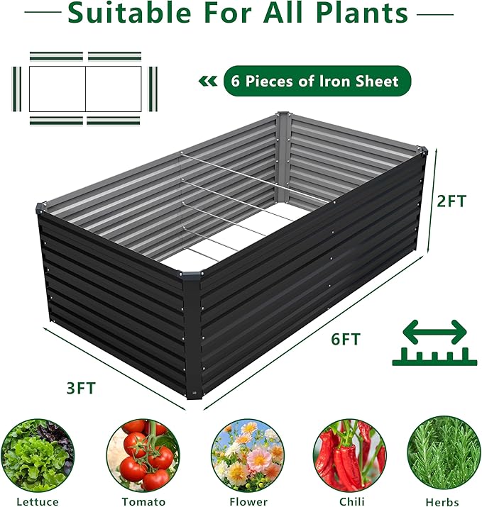6x3x2FT Galvanized Raised Garden Bed Kit,Vegetable Plant Boxes-Rectangle Metal Flower Box,Large Planter Raised Beds Outdoor Garden for Planting,Fruit,Herb-Black DIIYIV