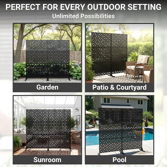 6FT Metal Privacy Screen Outdoor – Decorative Laser Cut Privacy Fence Panel for Patio, Deck & Garden, Rustproof Steel Privacy Divider, Modern Geometric Design, Freestanding Outdoor Privacy Screen TALLYVERUS