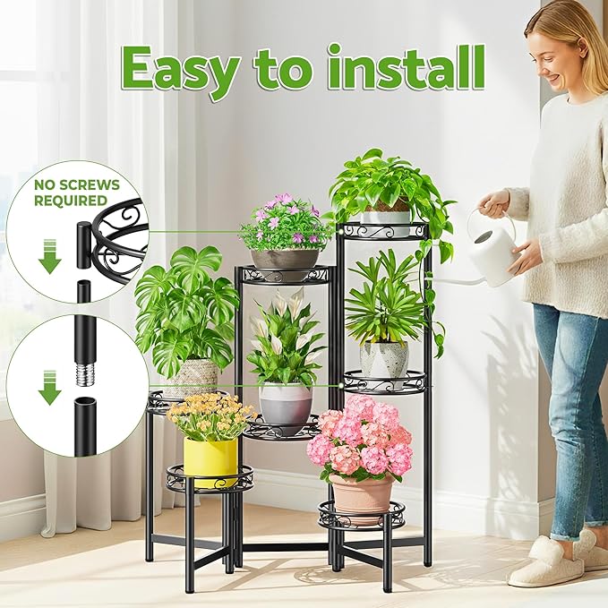 Metal Plant Stand, 7 Tier Tall Wrought Iron Plant Shelf Holder for Indoor, Outdoor Folding Tall Display Rack Flower Pot Stand for Corner Office Balcony Patio - BlackCircle Rootora