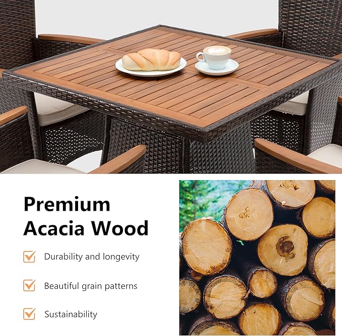 RoyalCraft 5 Piece Patio Wicker Dining Sets for 4, Water-Resistant Rattan Outdoor Dining Table and 4 Chairs with Wood Table Top, Conversation Set for Deck, Garden, Backyard, Removable Cushions, Brown Bringyoubetterlife