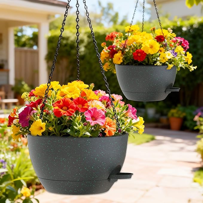 12 Inch Hanging Baskets 2 PC with Chains, Self-Watering Hanging Planters for Indoor Outdoor Plants, Plastic Hanging Flower Pots, Black with Green Speckles SQKH