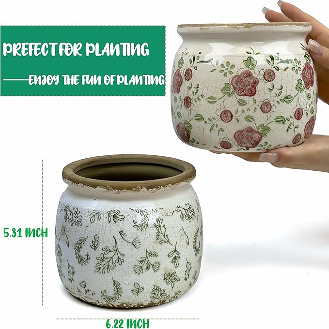 Vintage Ceramic Ice Crack Flower Pot with Drainage Holes, Country Rustic Planters for Indoor and Outdoor,Tuscan Decor,Home,Living Room, Garden Decor, Gardening Gift (Retro) Dosayes