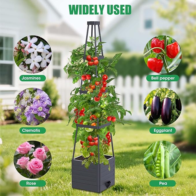 4 Pack Raised Garden Bed Planter Box with Trellis, 57" Self-Watering Tomato Cage Planters for Climbing Plants Vegetable Vine Flowers Outdoor & Indoor (57x9.8x9.8IN) MQHUAYU