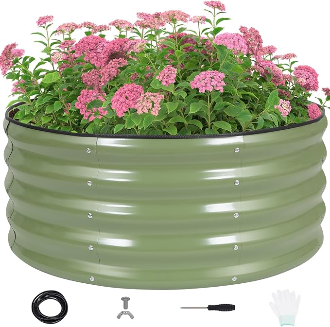 G GOOD GAIN Round Raised Garden Bed - 1Pcs 3x3x1.4ft Galvanized Steel Planter Boxes Outdoor with Rubber Edge Trim | Metal Raised Beds for Gardening Vegetables Flowers Fruits Herbs (Olive Green) GGOODGAIN