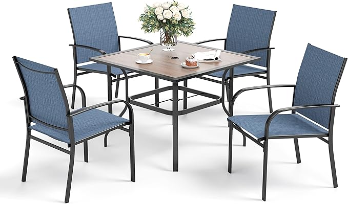 5 Piece Patio Dining Set for 4, 37”x37” Square Table (PVC Wood-Like Table Top) with 1.57" Umbrella Hole, 4 Metal Blue Chairs, Outdoor Table and Chairs Set for Lawn Backyard and Deck SUNSHINEVALLEY