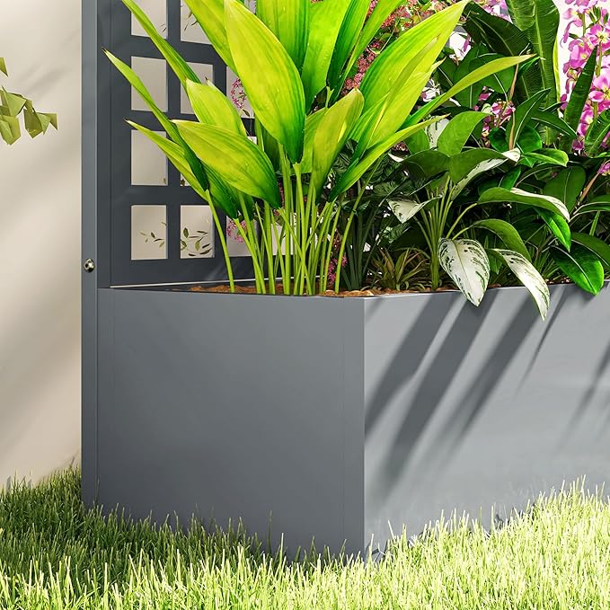Outsunny Galvanized Raised Garden Bed with Trellis, Metal Planter Box with Drainage Holes, Outdoor Privacy Screen for Climbing Plants, Vegetable, Vines, 35" x 16" x 70", Gray Wood Effect Outsunny