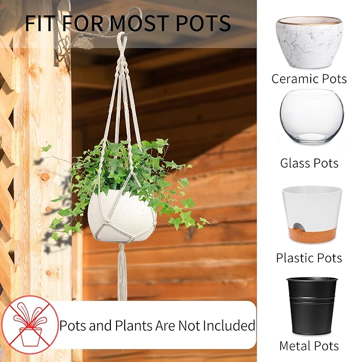 Macrame Plant Hanger - Fits 4 to 13 inches Pots for Indoor Outdoor, 34"/41"/46" 3 Sizes Set, Ivory (POTS NOT Included) IDEEEPAN