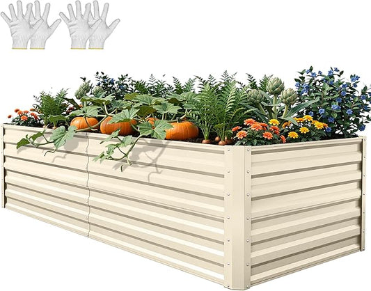 YITAHOME 6x3x2ft Large Raised Garden Bed Kit, Galvanized Metal Planter Box with Gloves, Support Rod, Outdoor Above Ground Planters for Plants Vegetables Flowers, Cream Yellow YITAHOME