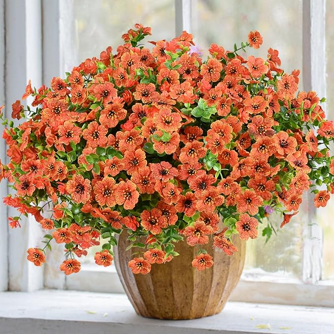 Artificial Flowers for Outdoor, UV Resistant Fake Silk Flowers, Realistic Faux Plants for Outside Indoor Porch Patio Window Box Planter Home Decor (16, Orange) Welcometothetrytuny