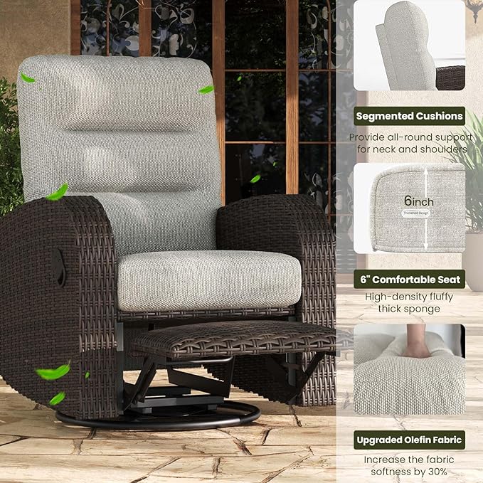 LayinSun Oversized Wicker Outdoor Swivel Glider Recliner with Adjustable Backrest & Footrest, Patio Reclining Lounge Chair - Set of 2 LayinSun