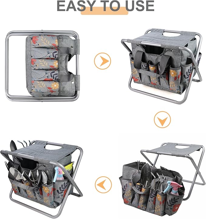 MDSTOP Folding Gardening Stool with Detachable Storage Tote Bag, Gardening Tools Set Organizer for Fishing Outdoor Sports Hiking Camping Garden, Gardening Gifts for Mom/Dad, Without Tools (Aluminum) MDSTOP