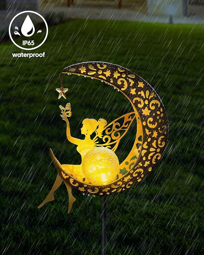 Solar Garden Statues Outdoor Decor, Fairy Moon Figurine Light Stake, Housewarming Ornament for Patio, Lawn, Yard, Pathway - Unique Gift Ideas for Gardening Mom Grandma Vuees