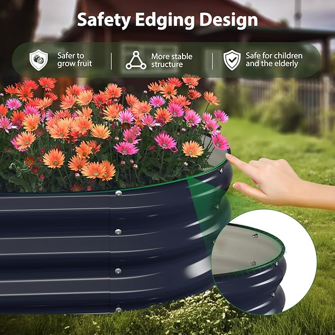 Raised Garden Bed Kit, 6x3x1 ft Galvanized Planter Box Outdoor with Safety Edging, Large Metal Raised Beds for Gardening Vegetables Flower Herb (Navy Blue) Winpull