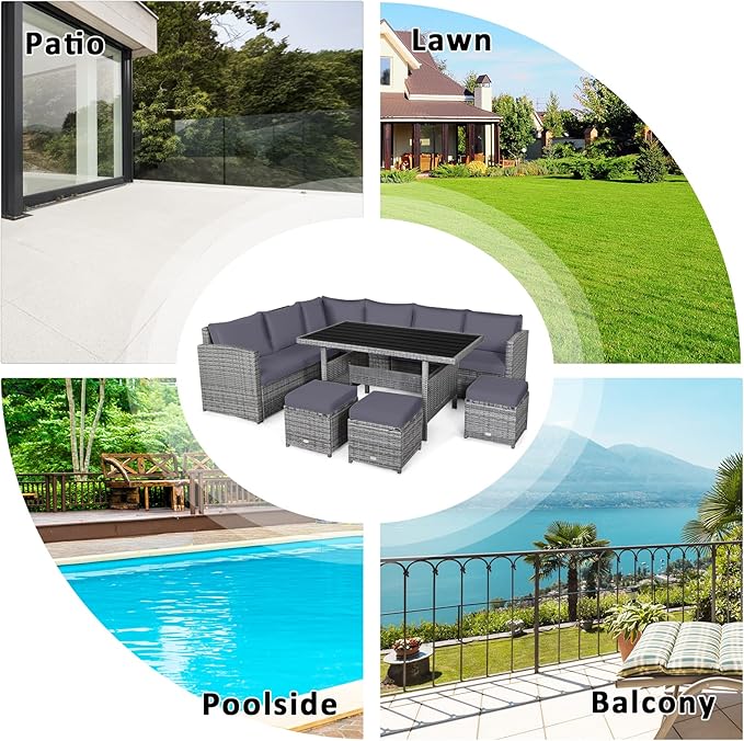 Tangkula 7 Pieces Patio Furniture Set, Outdoor Sectional Rattan Dining Sofa Set with Cushions, All Weather Wicker Conversation Couch Set with Dining Table & Ottomans for Yard Garden Poolside, Grey TANGKULA