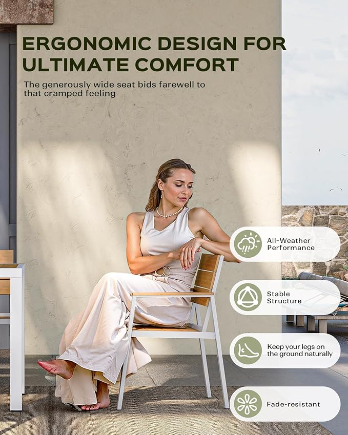 7-Piece Outdoor Dining Set, Aluminum Dining Table Set for 6, Patio Table and Chairs Set with Umbrella Hole, All Weather HDPS Outdoor Table and Chairs for 6 (White-Teak) Vexwalx