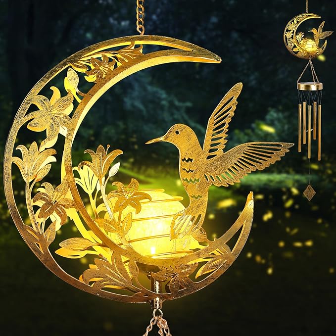 Moon Hummingbird Wind Chime Outdoor, Handcrafted Metal Garden Wind Chimes with Hummingbird Charms, Melodic Wind Bells for Patio Porch Decor, Weatherproof Gift for Nature Lovers & Bird Watchers ShangTianFeng