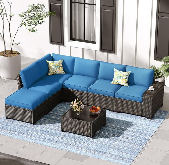 Jing's Villa 7-Piece Patio Furniture Set, All-Weather Outdoor Wicker Sectional Sofa with Cushions, Tempered Glass Table & Ottoman, Rattan Conversation Seating for Porch, Garden, Backyard,Peacock Blue JingsVillaOutdoorFurniture