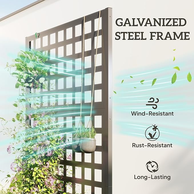 Outsunny Galvanized Raised Garden Bed with Trellis, Metal Planter Box with Drainage Holes, Outdoor Privacy Screen for Climbing Plants, Vegetable, Vines, 35" x 16" x 70", Gray Wood Effect Outsunny