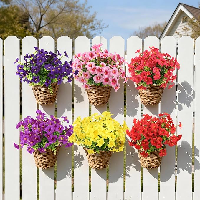 INQCMY Artificial Fake Petunias Flowers for Outdoors Spring Decoration, 12 Bundles Faux Plants Outdoor UV Resistant Realistic Silk Flower for Outside Planters Patio Porch Yard Window Box INQCMYPlantRack
