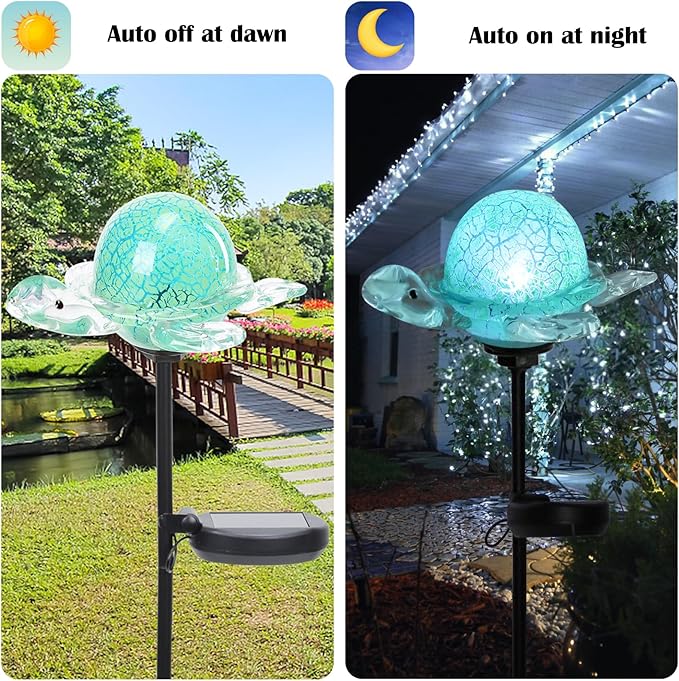 Afirst Decorative Solar Lights Outdoor Solar Turtle Stake Lights Hand Blown Glass Decorative Garden Pathway Light Outdoor Waterproof Glass Stakes Green Afirst