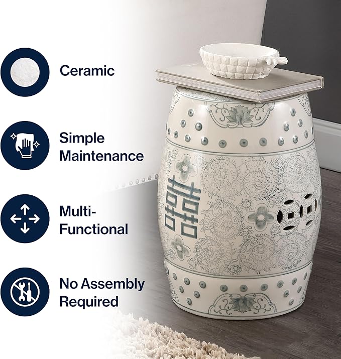 JONATHAN Y TBL1013C Double Happiness 18" Chinoiserie Ceramic Drum Indoor/Outdoor Garden Stool Bohemian, Coastal, Classic, Cottage, Traditional, Patio, Garden, Bathroom, Living Room, Gray Blue/White JONATHANY