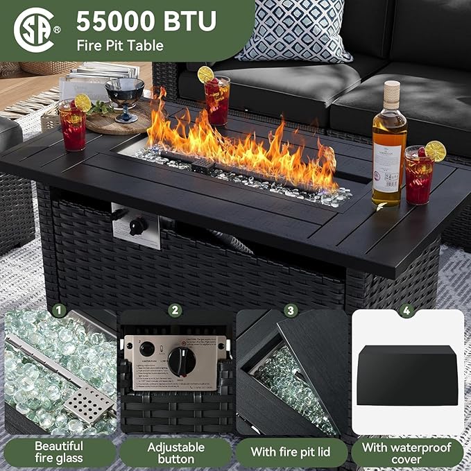 Aoxun 8 Piece Patio Furniture Set with 44” Fire Pit Table, Wicker Rattan Patio Sectional Sofa, Outdoor Furniture Set with Thickened Cushion, Black Aoxun