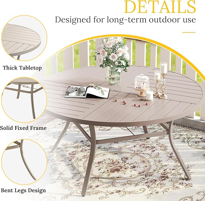 VICLLAX Round Patio Table with Adjustable Umbrella Hole for 6, All Weather Metal Outdoor Dining Table for Lawn Garden, 50" Outdoor Coffee Table, Cream Color Frame HOME