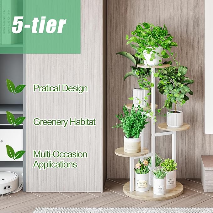 Plant Stand Indoor 5 Tier 8 Potted Multiple Flower Pot Holder for Patio Garden Balcony Living Room Corner (5 Tier White+Sonoma Oak) INGIORDAR