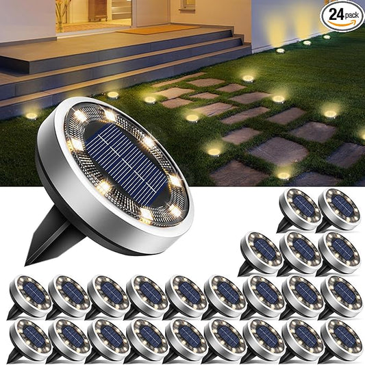 btfarm 24 Pack Solar Lights Outdoor, 8 LED Solar Ground Lights IP65 Waterproof Flat Solar Disc Light, Pathway Lights for Garden Lawn Patio Yard Path Landscape, Warm White btfarmdecorativelighting