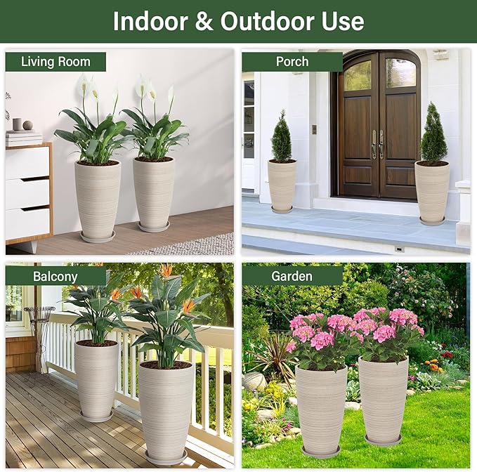 Set of 2 Tall Planter, 21 inch Large Plastic Planter with Drain Hole & Saucers, Large Outdoor Planters for Porch, Garden, Patio, Balcony(Oat Color) Neoaider