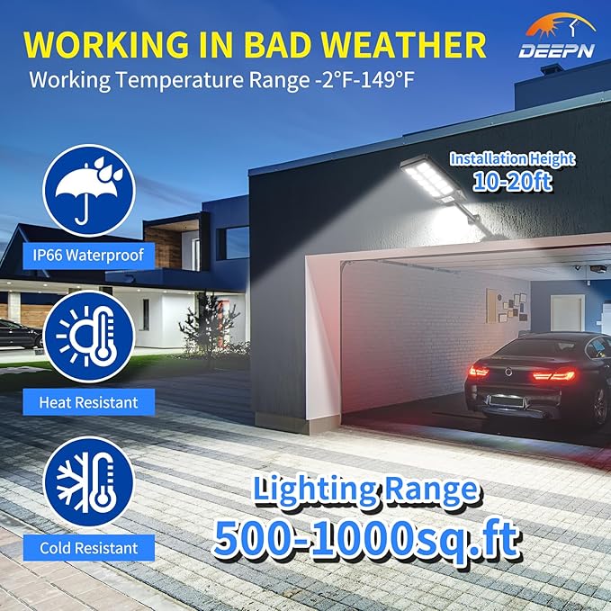 Deepn Solar Lights Outdoor, IP66 Waterproof Street Lights Outdoor, 6500K Dusk to Dawn Solar Security Flood Lights Motion Sensor with Remote Control for Yard, Entryway Garage, Porch 2 Pack DEEPN