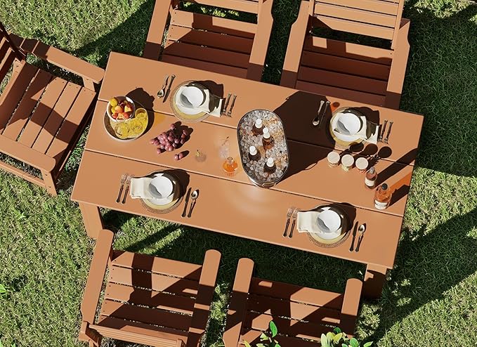 GREENVINES 5-Piece Outdoor Dining Set | HDPE | Patio Table and Chairs Sets for 4 | Patio Furniture | All Weather | Umbrella Hole | Teak | for Backyard Poolside Garden GreenVines