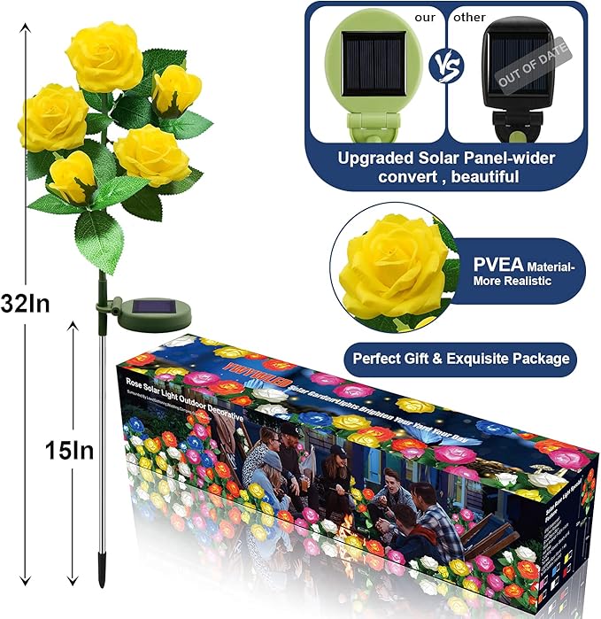 Solar Flower Lights Outdoor - Upgraded New Material Two Modes Realistic LED Solar Powered Waterproof Lights with 5 Roses, Solar Decorative Stake Lights for Garden (Yellow, 2 Pack) LightYourLife