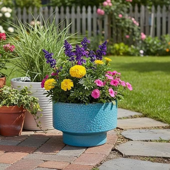 Ceramic Planters 11 Inch, Honeycomb Ceramic Pots for Plants Indoor Outdoor, Round Plant Pot with Drainage Hole, Large Planter Flower Pot, Reactive Glaze Blue Fzfeiyy