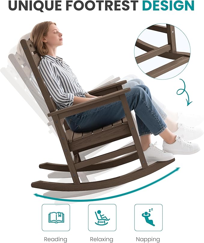 SERWALL Outdoor Rocking Chair Set of 4, Oversized HDPE Patio Rocking Chair with Footrest for Adults, All Weather Porch Rocker for Deck Patio Balcony, Coffee SERWALL