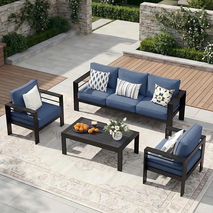 Solaste Aluminum Outdoor Patio Furniture Set, 5 Seats Patio Sectional Sofa with 5" Thick Cushion, Outdoor Patio Set with Coffee Table for Porch, Backyard, Deck, Yard, Blue Solaste