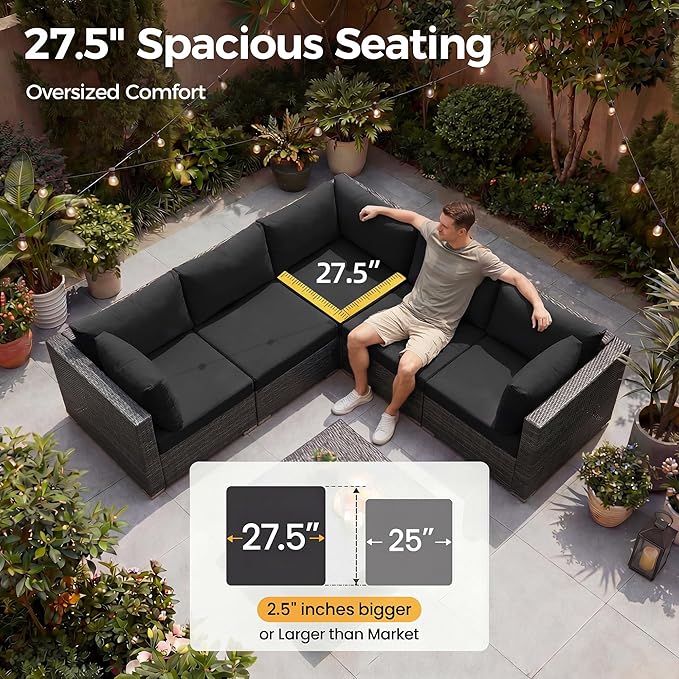 NICESOUL 9 Piece Extra Large Outdoor Patio Furniture Conversation Set with Fire Pit Natural Gas/Propane, 29.3'' High Back Modular Deep Seat Sectional Sofa Set for Outside, 2 Color Cushion Black&Gray NICESOUL