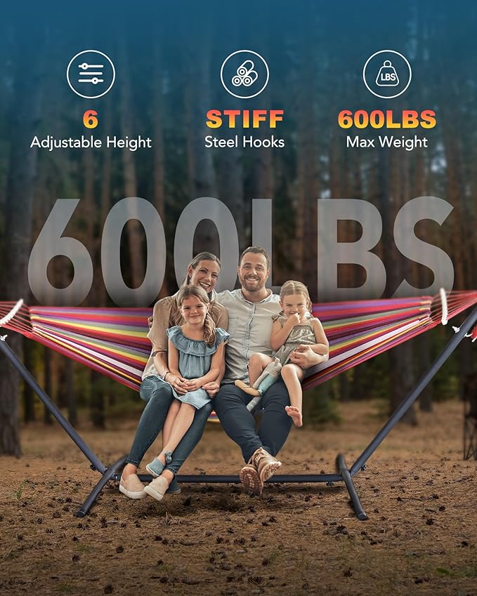 Double Hammock with Heavy-Duty Steel Stand,Portable,Easy Assembly,600lbs Weight Capacity,Suit for Indoor,Yard,Camping,or Outdoor Rootora