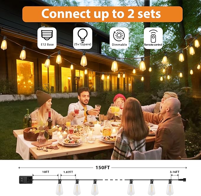 Brightever 150FT Outdoor Lights with Remote, 2700K/4000K/5000K Selectable LED String Lights for Outside with 75+2 ST38 Shatterproof Edison Bulbs, 3 Modes Dimmable Waterproof Hanging Lights for Patio Brightever