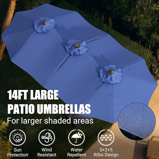 LEVELEVE 14FT Large Patio Patio Umbrella with Base & Solar LED Lights - Double-Sided,Blue Enjoyyourlife