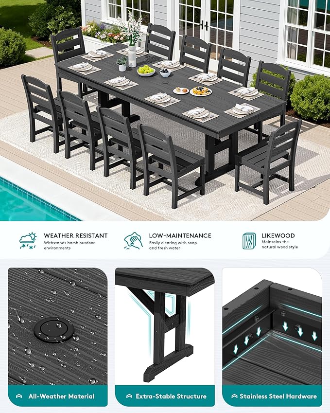 SERWALL 11 Piece Outdoor Dining Set, 84" HDPE Outdoor Table and Chairs for 10，All Weather Patio Furniture Set with Umbrella Hole for Backyard, Garden, Black SERWALL