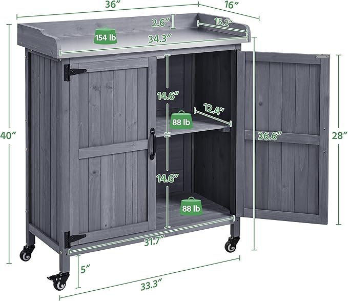 Yaheetech Garden Potting Bench Table, Outdoor Garden Horticultural Wooden Storage Cabinet & Solid Wood Planting Work Bench with Large Space Storage & Metal-Plated Tabletop, Gray Yaheetech